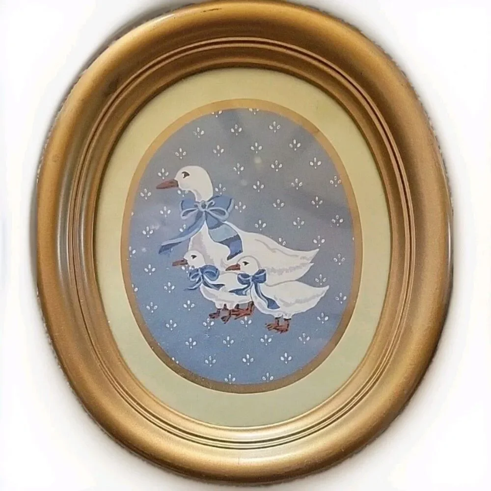 Vintage Homco Country Duck Wall Art Set 2 Gold Oval Frames Blue White Goose